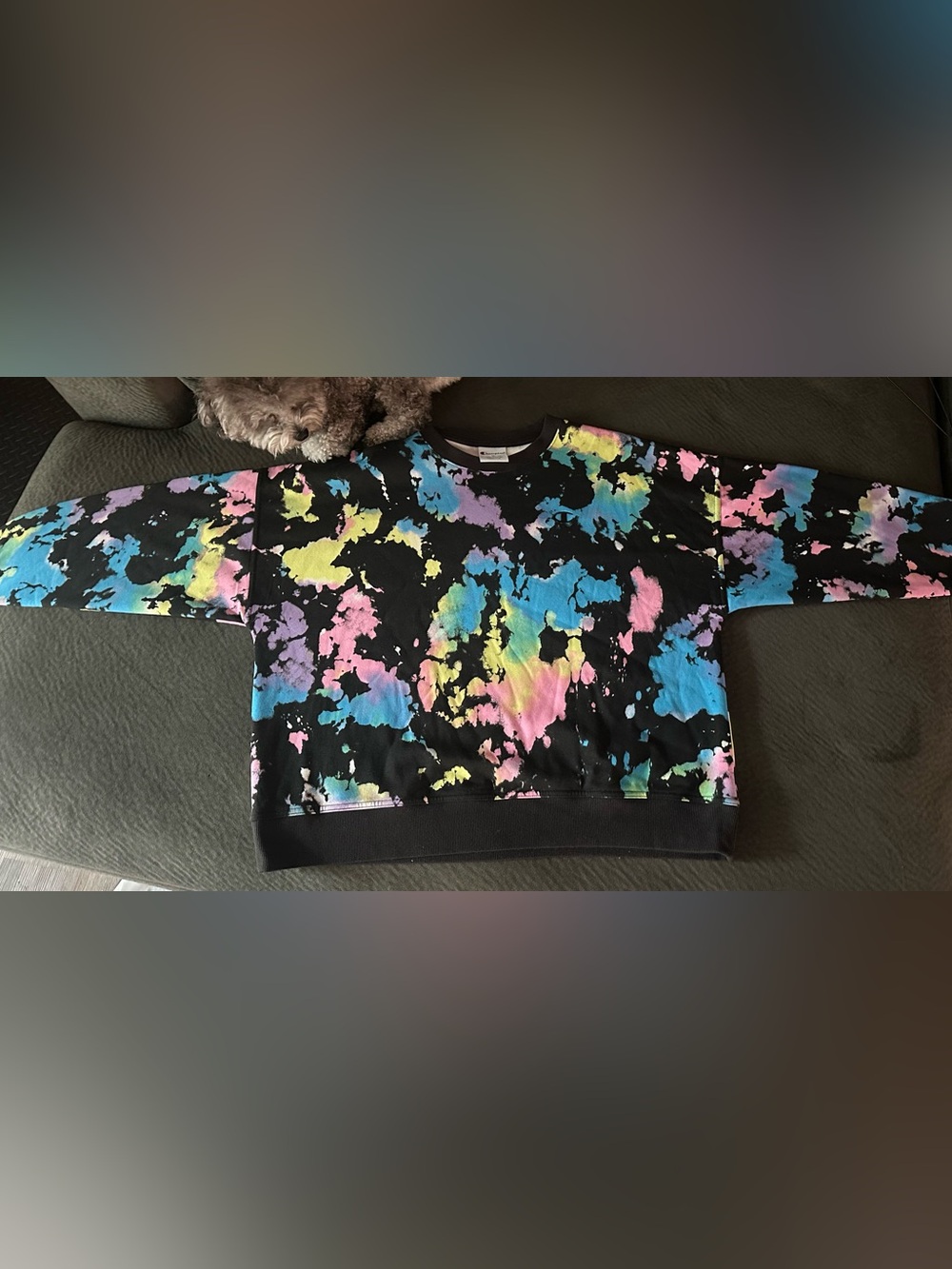 Champion Black Crewneck Sweatshirt with Neon Tie-Dye Splatter